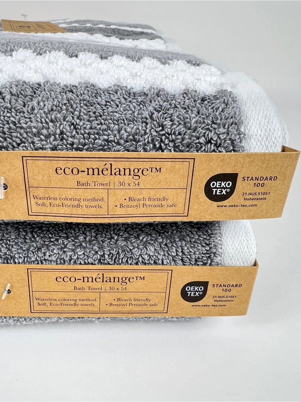 Eco Melange Bath Towels Gray White Striped Soft Plush 100% Cotton 3 Pc NEW
